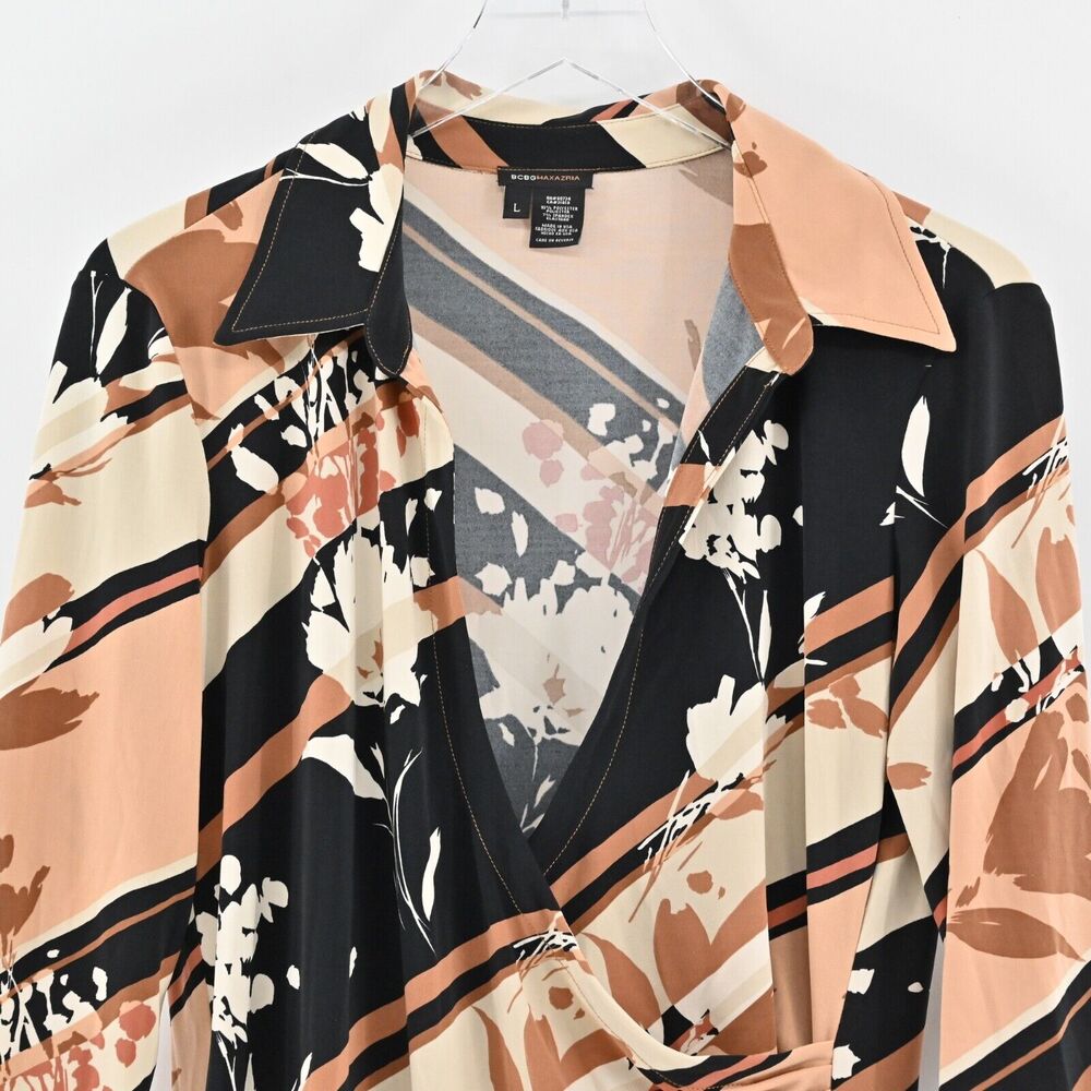 BCBGMAXAZRIA Dress‎ Sz L Brown Stripe Floral Collared Faux Wrap Long Sleeve Midi - Picture 3 of 12